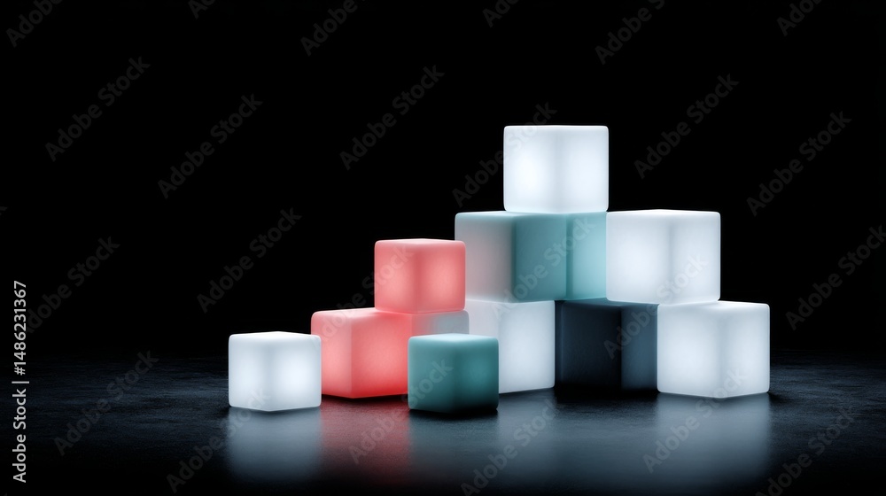 Poster An arrangement of glowing neon cubes forms a striking geometric pattern, featuring vibrant colors and inviting reflections on a dark surface for added depth