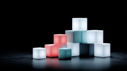 An arrangement of glowing neon cubes forms a striking geometric pattern, featuring vibrant colors and inviting reflections on a dark surface for added depth