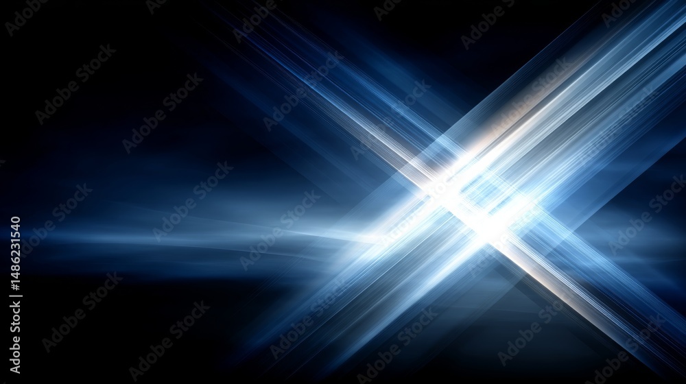 Aufkleber Intersecting blue and white lines illuminate a dark background, forming a geometric grid pattern with ample space for text or creative elements on the right