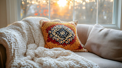 Cozy knitted throw and patterned pillow on couch by sunlit window
