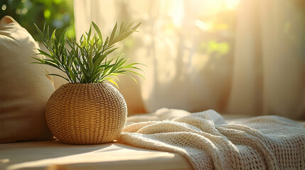 Indoor plant in woven pot sunlight cozy home decor