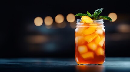 Peach iced tea is served in a mason jar, garnished with peaches and mint against a dark background.