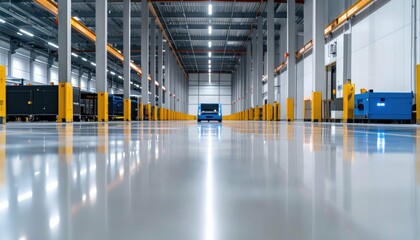 Modern Automated Warehouse with Guided Vehicles and Reflective Floor