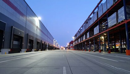 Modern Cargo Warehouse with Shelving Units at Dusk, No People Present