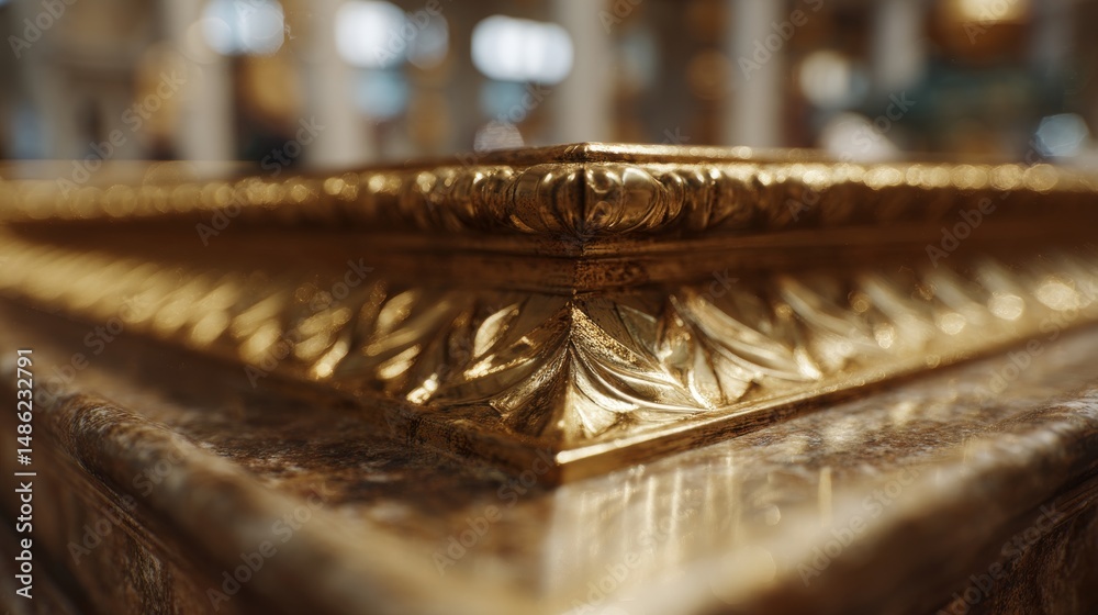 Poster Close-up of a gold picture frame corner reveals intricate textures and patterns, with a soft focus on the right and ample copy space on the left for design purposes