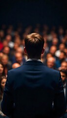 Fototapeta premium Generative AI Image: Orator standing before a large attentive audience