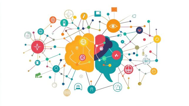 A creative mind map chart clipart, brainstorming process element, colorful connected nodes, flat design, isolated on white background.