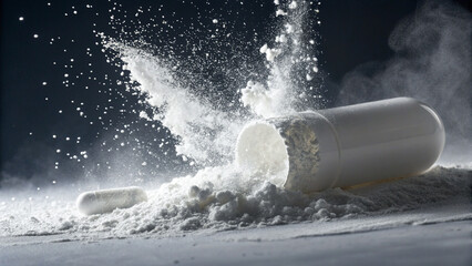 White Capsule Exploding into Powder Cloud &ndash; Pharmaceutical Supplement Concept