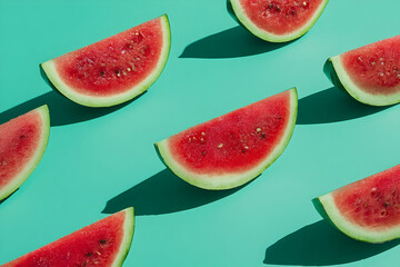 Geometric arrangement of watermelon slices against a teal backdrop.