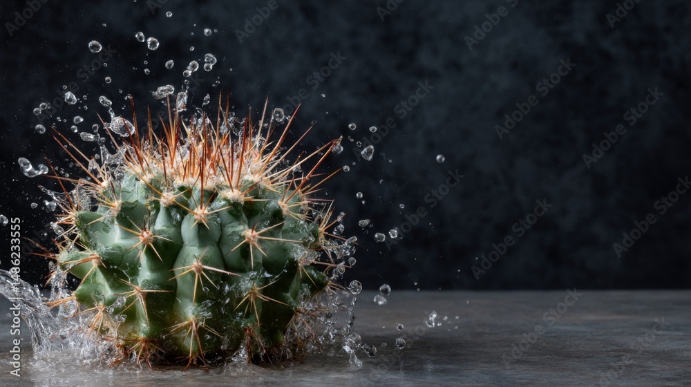 Aufkleber a cactus stands boldly as water splashes around it, capturing an innovative blend of desert life and