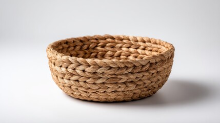 A beautiful beige woven basket is centered against a white background, showcasing its texture and artisan quality with room for text