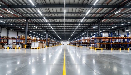 Obraz premium Modern Fulfillment Center Interior with Pallet Racking Under Lights