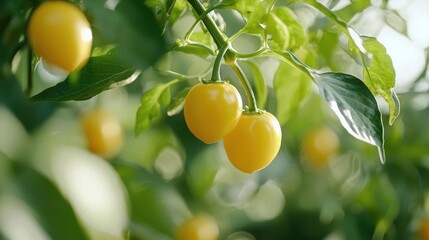 Close-up of a plant with green leaves and a bunch of yellow tomatoes hanging from it. the tomatoes are round and plump, and they appear to be ripe and ready to be picked.