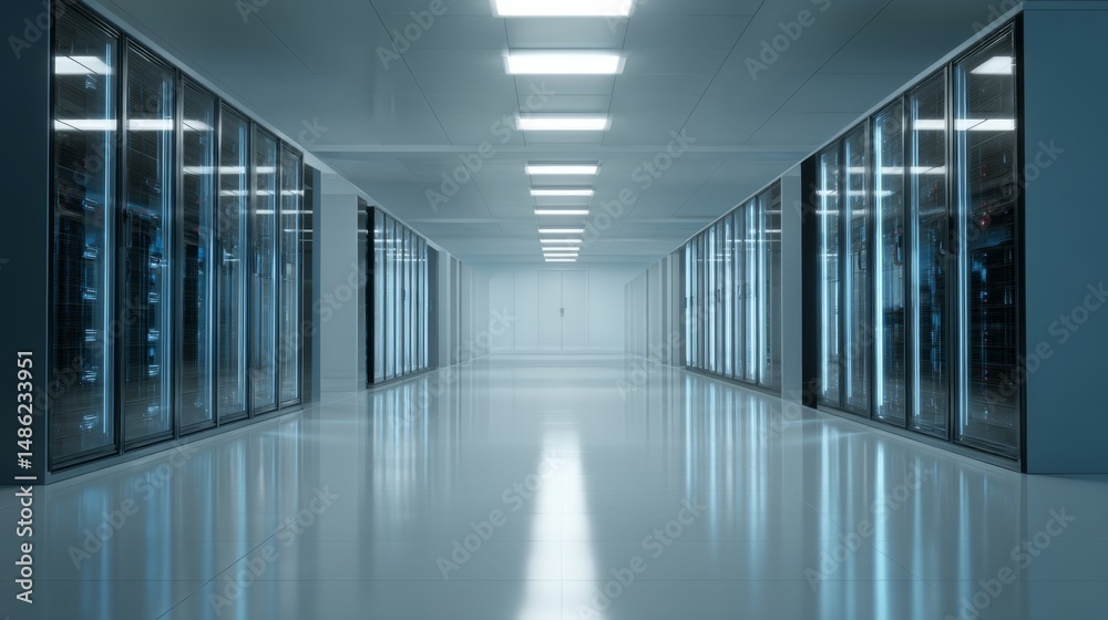 Leinwandbilder A modern data center is highlighted with sleek server racks emitting a soft blue glow. The composition features an expansive aisle and ample copy space on the right