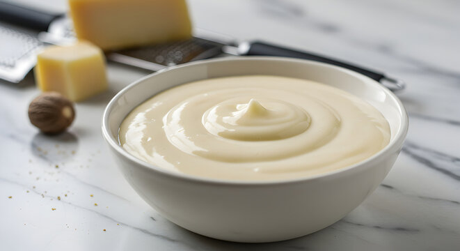 Creamy Cheese Sauce in Bowl with Grater and Nutmeg on Marble