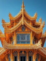 Fototapeta premium Ornate golden pagoda top with detailed wood carvings against azure backdrop, perfect for Southeast Asian travel guides and Buddhist symbolism projects.