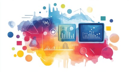 Business analytics flat design side view technology theme watercolor Triadic Color Scheme. 