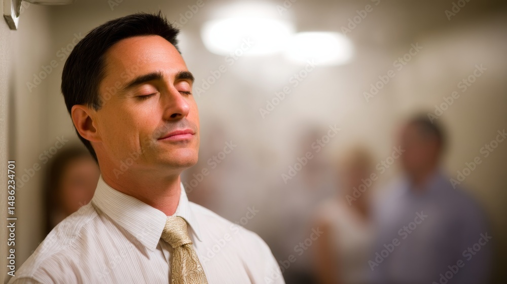 Poster a man with closed eyes experiences tranquility as mist settles on his face, conveying a sense of cal