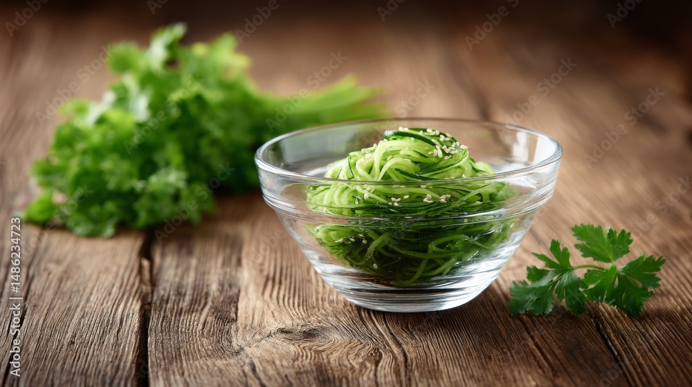 Poster close-up of a refreshing cucumber noodle salad with sesame seeds in a glass bowl, surrounded by vibr
