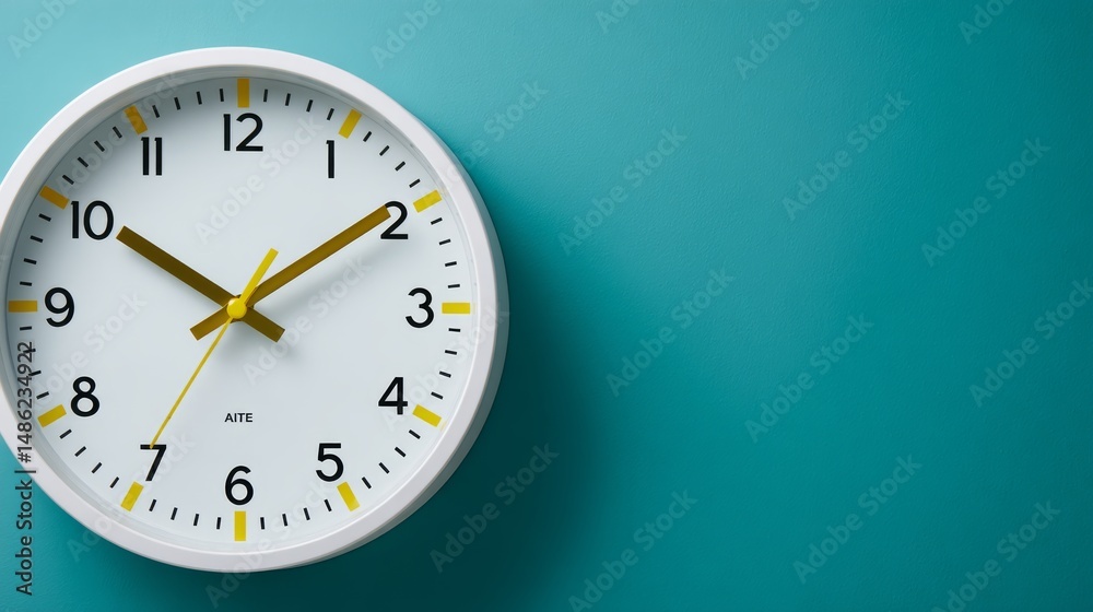 Leinwandbilder close-up view of a white plastic wall clock featuring a yellow second hand against a turquoise backg