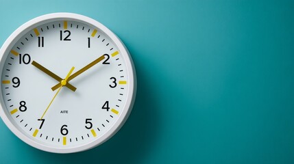 Close-up view of a white plastic wall clock featuring a yellow second hand against a turquoise background, creating an appealing design element with ample copy space