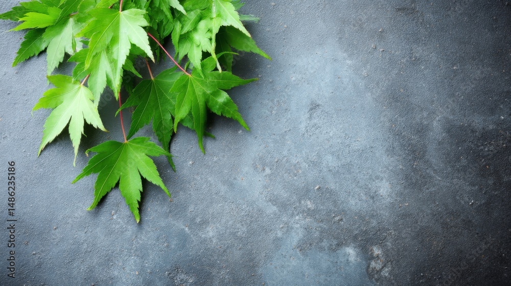 Poster A close-up view of a maple branch showcases vibrant green leaves against a dark gray background, creating a minimalist composition with ample copy space