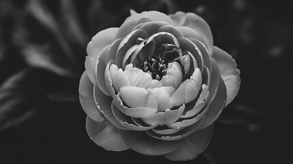 Black and white macro shot of a blooming peony with rich texture, soft natural shadows, and a dark background in studio minimalism

