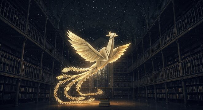 Golden origami phoenix in library