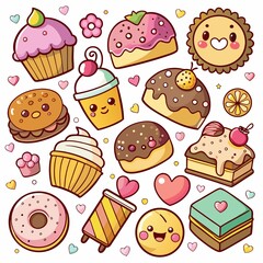 Cute cartoon sweets and desserts collection
