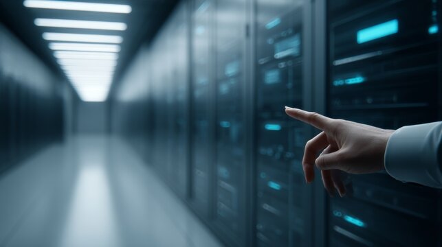 A human hand gently interacts with a robotic arm while neon blue lights illuminate a high-tech lab, representing the future of technology and collaboration