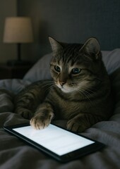 Cat using tablet at night.