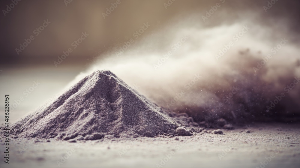 Poster Fine gray sand particles are arranged in a mound on a light gray surface, creating a vintage look with soft shadows and ample copy space for design use