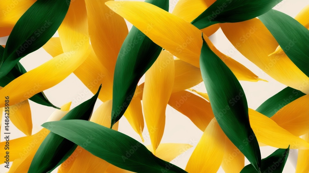Fototapete stylized leaves in bold greens and yellows form a vibrant grid on a soft white background, creating 
