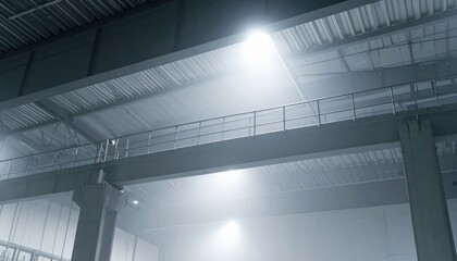 Modern Industrial Warehouse Mezzanine with Atmospheric Misty Lighting