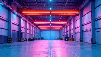 Neon-Lit Automated Warehouse with Overhead Cranes in Morning Light