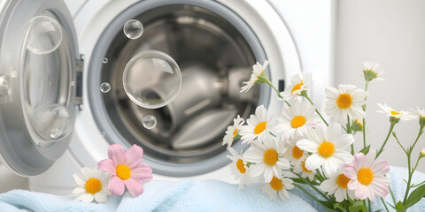 Washing machine, bubbles and spring flowers on laundry day, representing fresh clean scent.