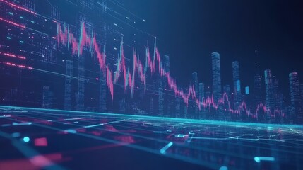 Digital stock market chart with step graph, rising bars representing investment growth, blue financial background, futuristic business analysis concept, economic trends visualization.