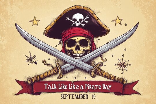 Pirate day illustration with skull, swords, hat, and banner for september nineteenth event
