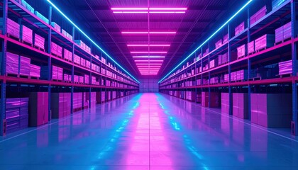 Neon Lit Cargo Warehouse with Fluorescent Lighting and Shelving Units