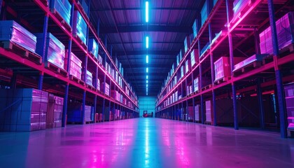 Fototapeta premium Neon Lit Warehouse with Shelving Units Under Fluorescent Lights