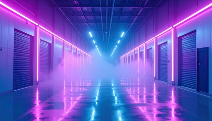 Fototapeta premium Neon-Lit Cold Storage Facility with Misty Atmosphere and Vivid Colors