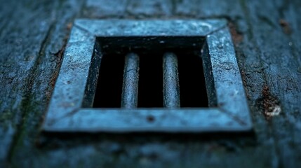 Close-up view of a dark, square vent with three parallel bars, set into a weathered wooden surface.  The metal shows signs of age and possible rust