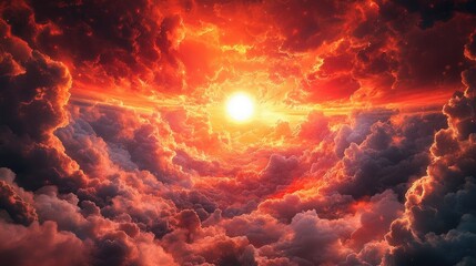 Dramatic sunset sky filled with billowing clouds illuminated in vibrant shades of orange,