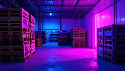 Neon Lit Cold Storage Area with Stacked Pallets and Dramatic Shadows