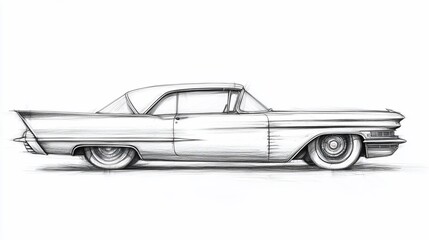 Classic car sketch, side view, detailed pencil drawing of vintage automobile with fins and whitewall tires