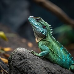 Obraz premium Vibrant Green Chinese Water Dragon Lizard on Dark Rock