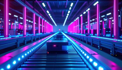 Neon Lit Fulfillment Center with Robotic Pickers at Night