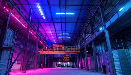 Obraz premium Neon Lit Grain Silo Interior with Overhead Cranes and Fluorescent Lights