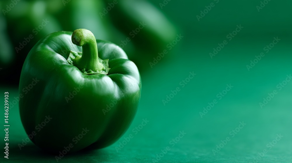 Poster a glossy green bell pepper is prominently displayed, emphasizing its fresh, vibrant nature against a