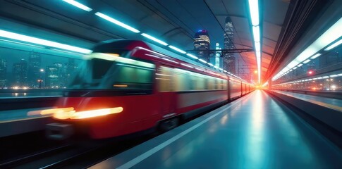 Fototapeta premium A blurred, high-speed train rushes past a futuristic cityscape, representing the ephemeral nature of time and rapid technological advancement , perspective, vehicle, track